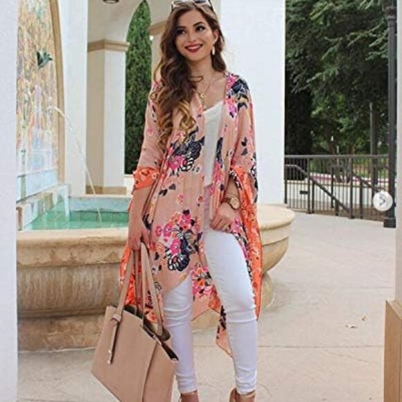 Women's Beach Cover up Swimsuit Kimono with Bohemian Floral Print, Loose Casual - Picture 6 of 8
